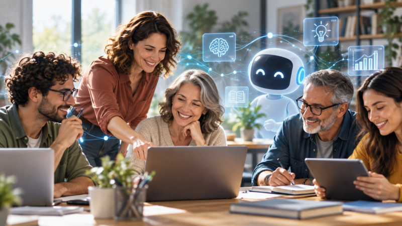 Persones aprenent amb eines d'intel·ligència artificial en un entorn formatiu